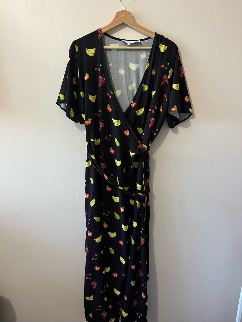 Never Fully Dressed Black Fruit-Print Maxi Wrap Dress